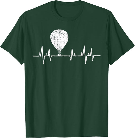 Hot Air Balloon Vintage Heartbeat ECG Love T-Shirt - T-Shirt | Forest