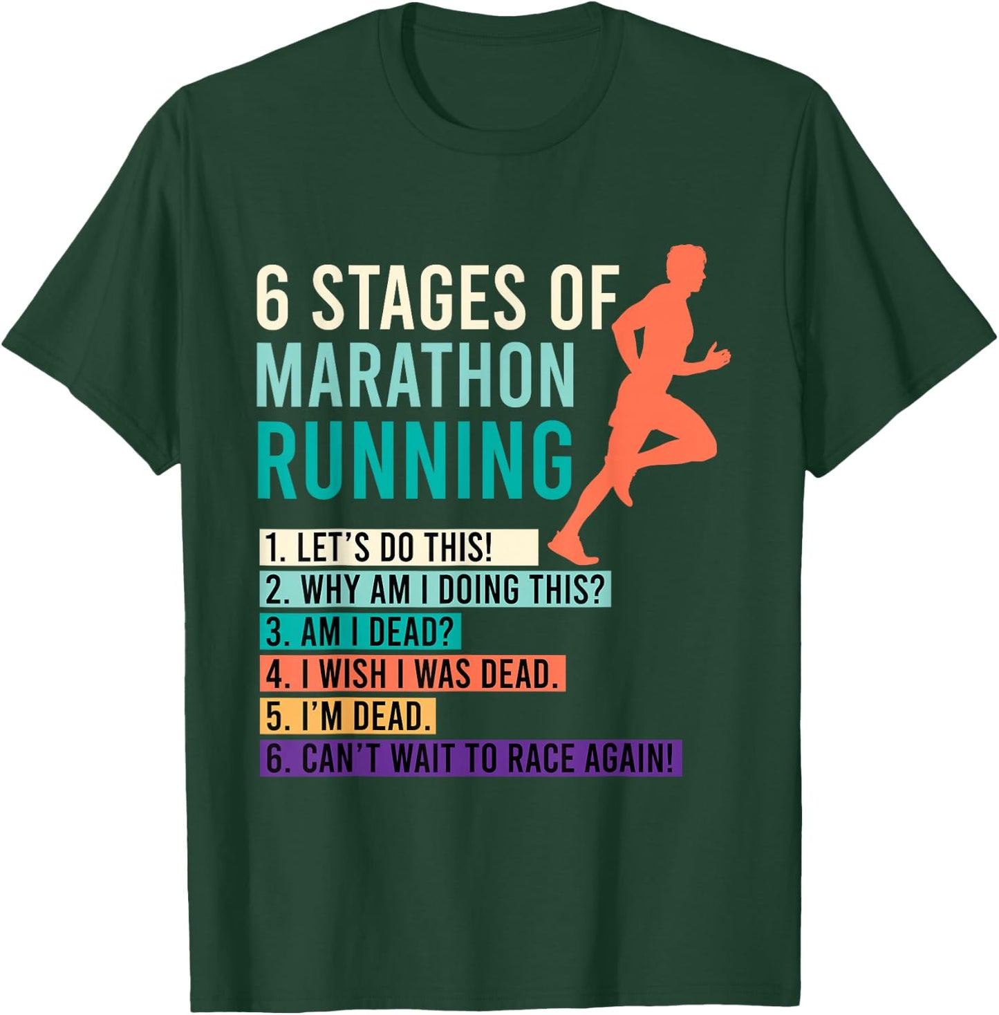6 Stages of Marathon Running Saying Runner Funny T-Shirt - T-Shirt | Forest