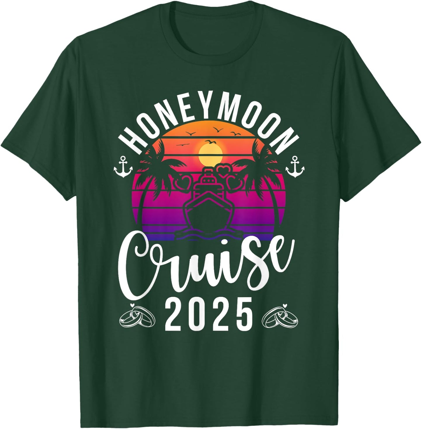 Honeymoon Cruise 2025 , Adult, Short Sleeve, Black, X-Small, , Tropical, Retro, Honeymoon, Couples, Anniversary, Travelers T-Shirt - T-Shirt | Forest