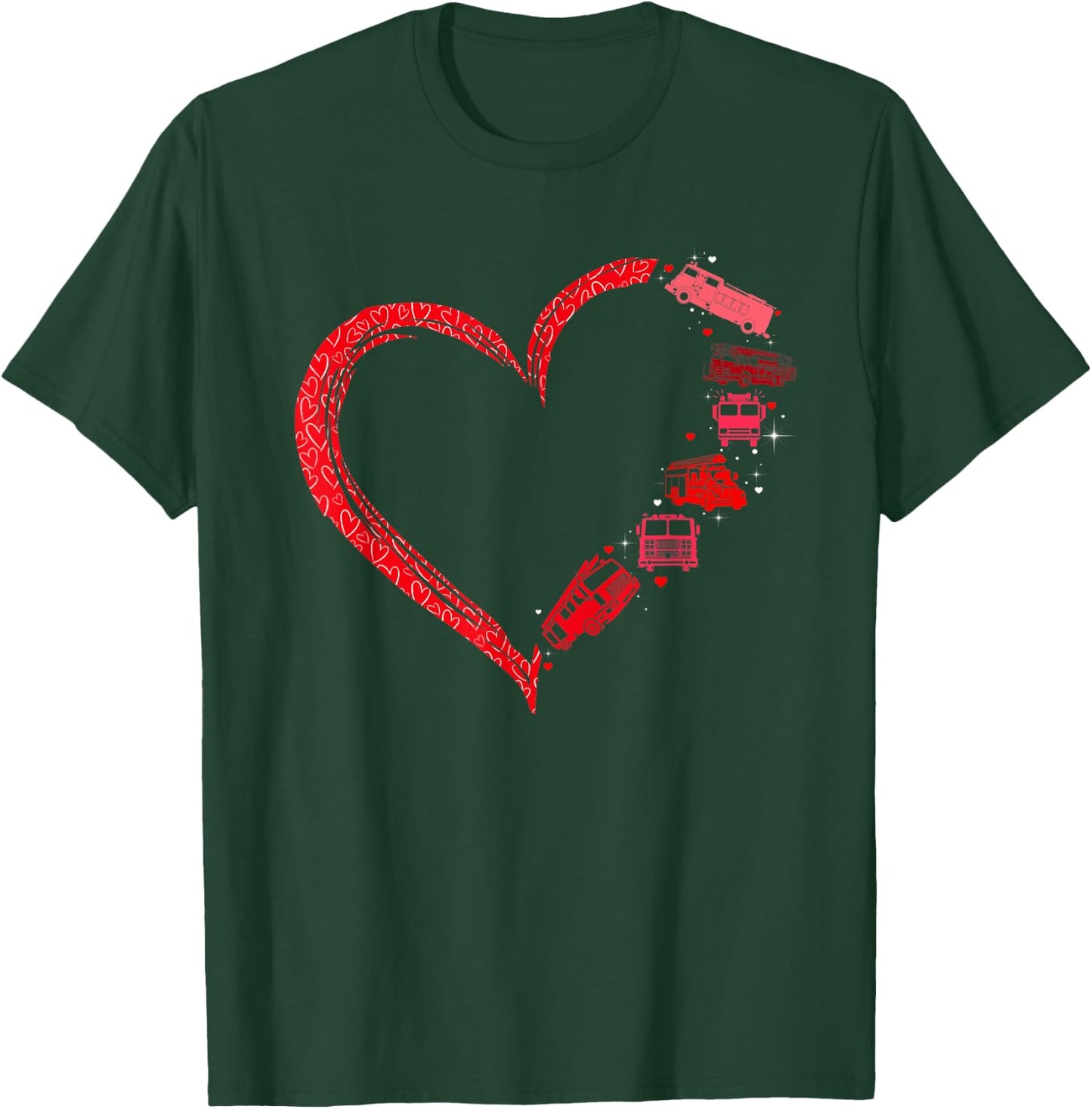 Firefighter Heart Matching Fire Trucks Design Valentines Day T-Shirt - T-Shirt | Forest