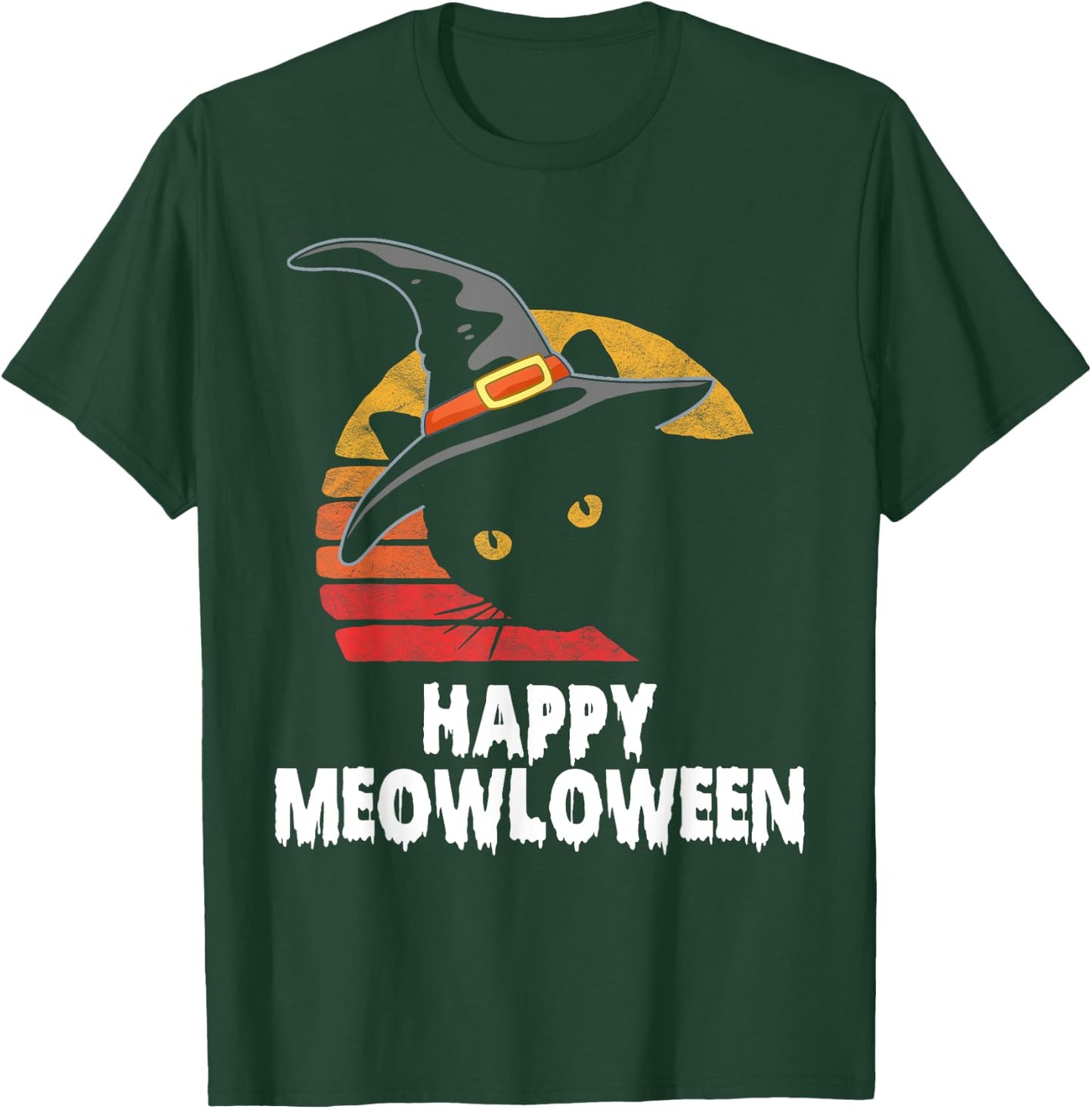 Happy Meowloween! Funny Cat Witch's Hat Halloween 80s Sunset T-Shirt - T-Shirt | Forest