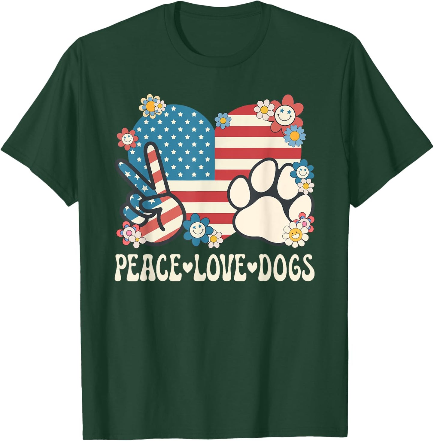 Peace Love Dogs American Flag Patriotic Dog Lover Retro Dog T-Shirt - T-Shirt | Forest