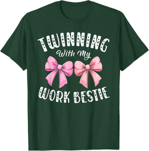 Pink Bow Twinning With My Work Bestie Friends Twins Day Girl T-Shirt - T-Shirt | Forest