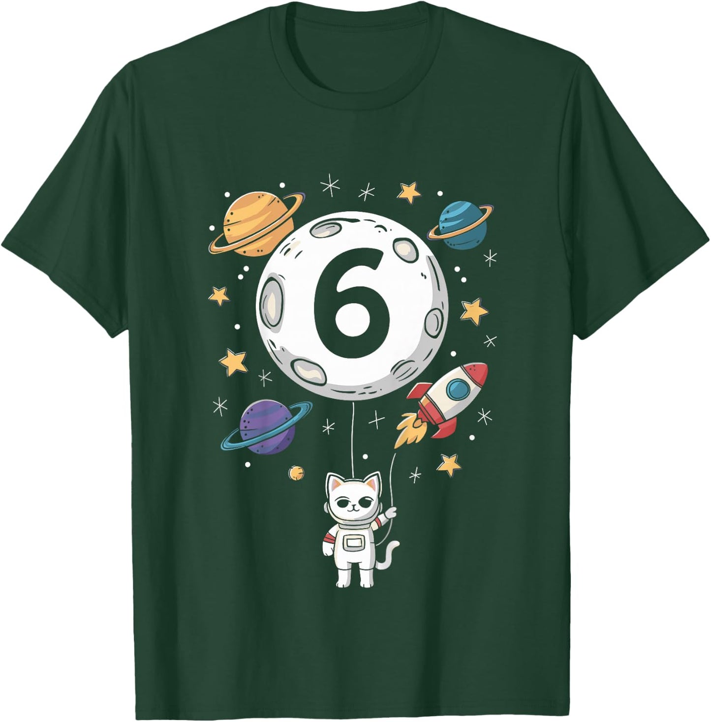Kids 6 Year Old Birthday Cat Astronaut 6th Birthday T-Shirt - T-Shirt | Forest