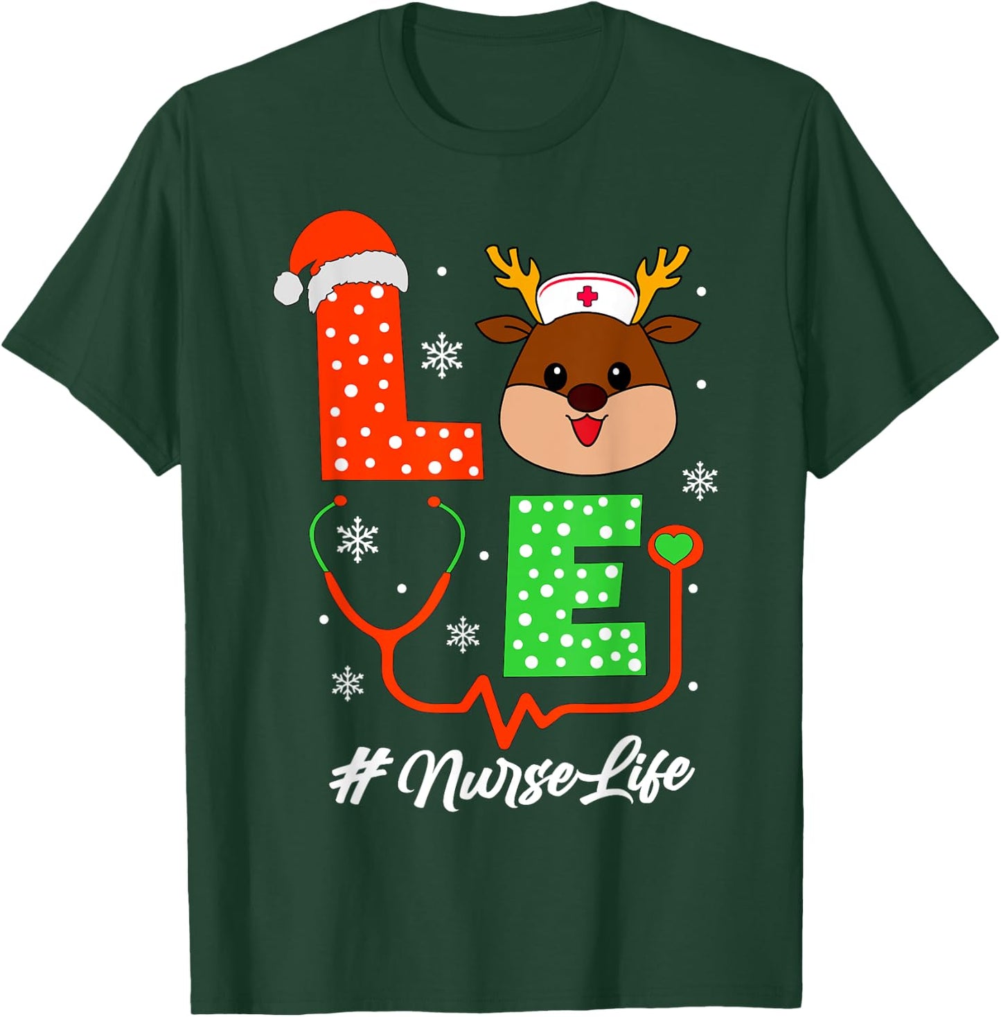 Christmas Nurse Scrub Tops Love Reindeer Nurse T-Shirt - T-Shirt | Forest
