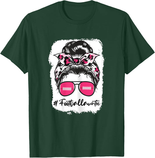 Bleached Football Auntie Pink Leopard Print Messy Bun T-Shirt - T-Shirt | Forest