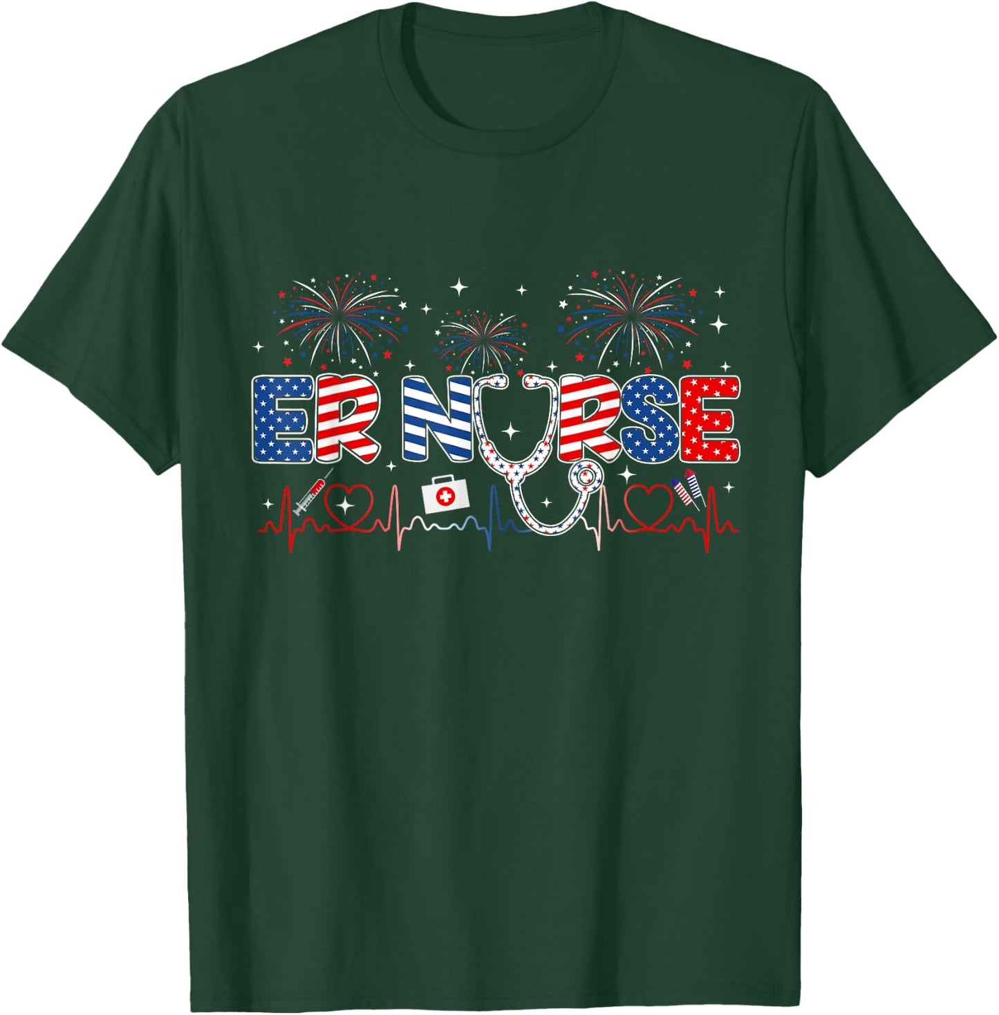 ER Nurse 4th of July American Flag Patriotic USA Stethoscope T-Shirt - T-Shirt | Forest