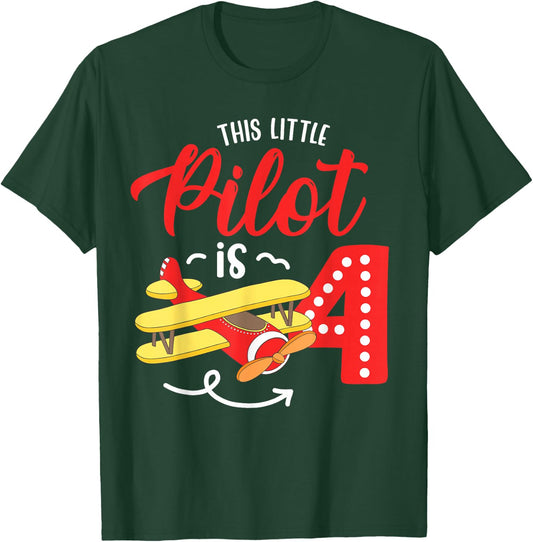 This Little Pilot is 4 Airplane 4th Birthday Kids T-Shirt - T-Shirt | Forest