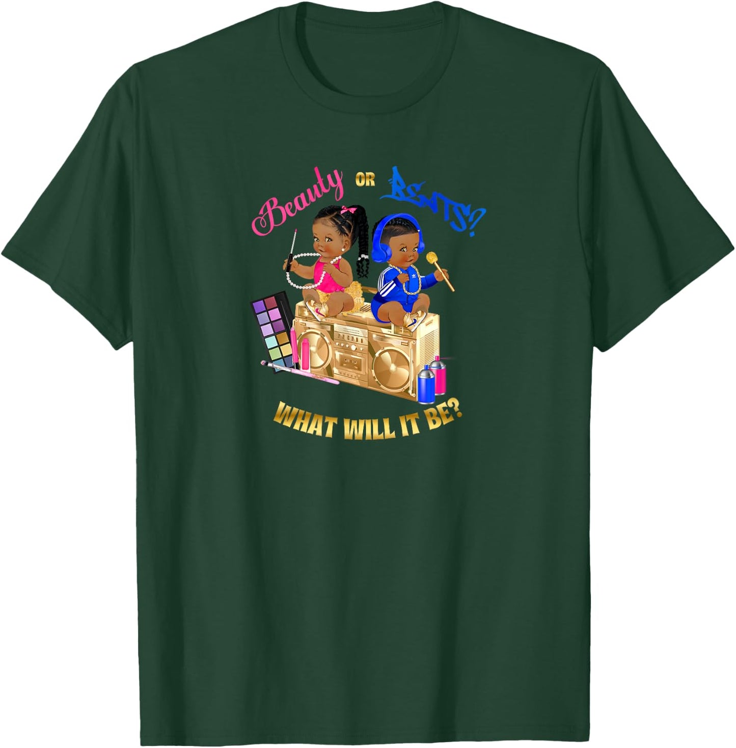 Beauty or Beats Baby Gender Reveal Royal Blue Hot Pink Gold T-Shirt - T-Shirt | Forest