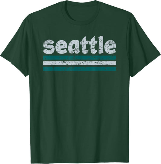 Seattle Washington Three Stripe Vintage Weathered T-Shirt - T-Shirt | Forest