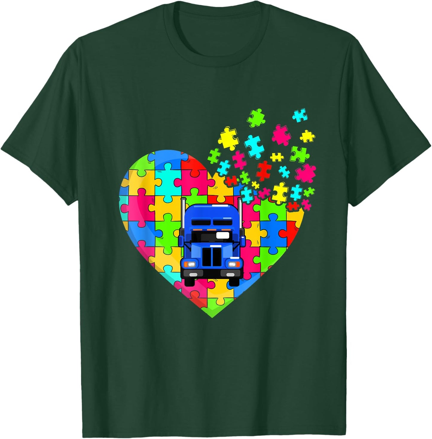 Trucker Heart Puzzle Pieces Support Autism Awareness T-Shirt - T-Shirt | Forest