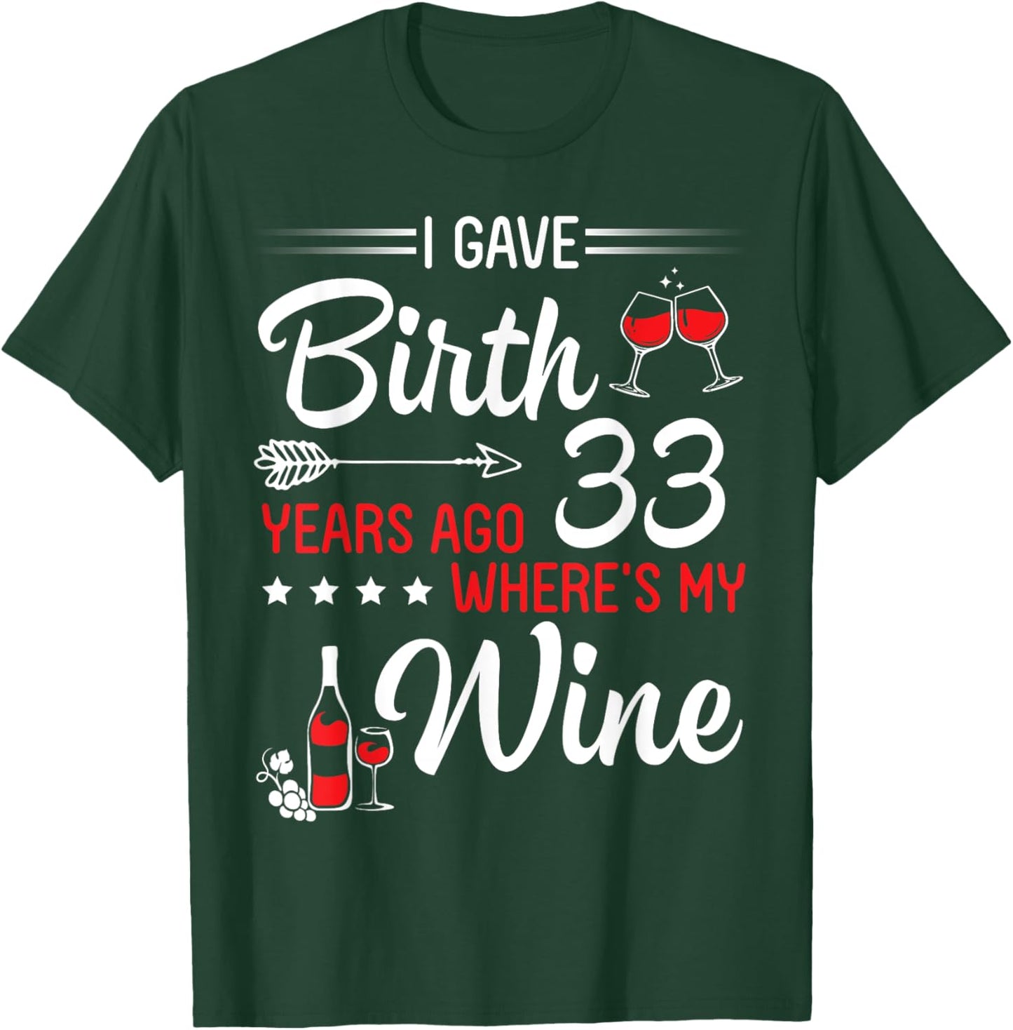 I Gave Birth 33 Years Ago Where's My Wine Happy Birthday T-Shirt - T-Shirt | Forest