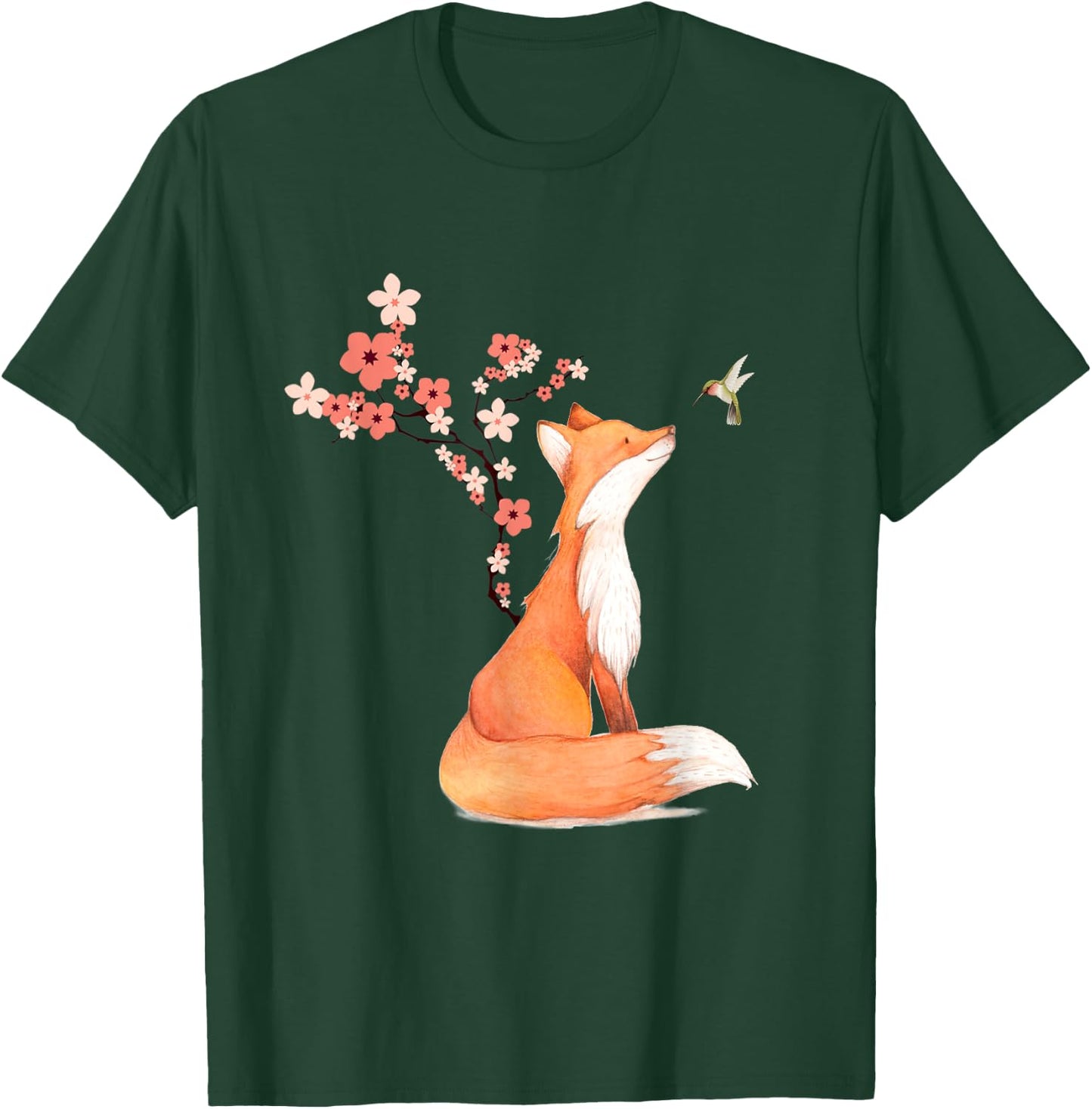 The Cute Fox And Hummingbird Cherry Blossom Flower Present T-Shirt - T-Shirt | Forest