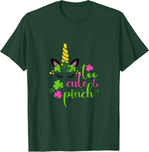 St Patricks Day Girls Kids Toddler Too Cute To Pinch Unicorn T-Shirt - T-Shirt | Forest