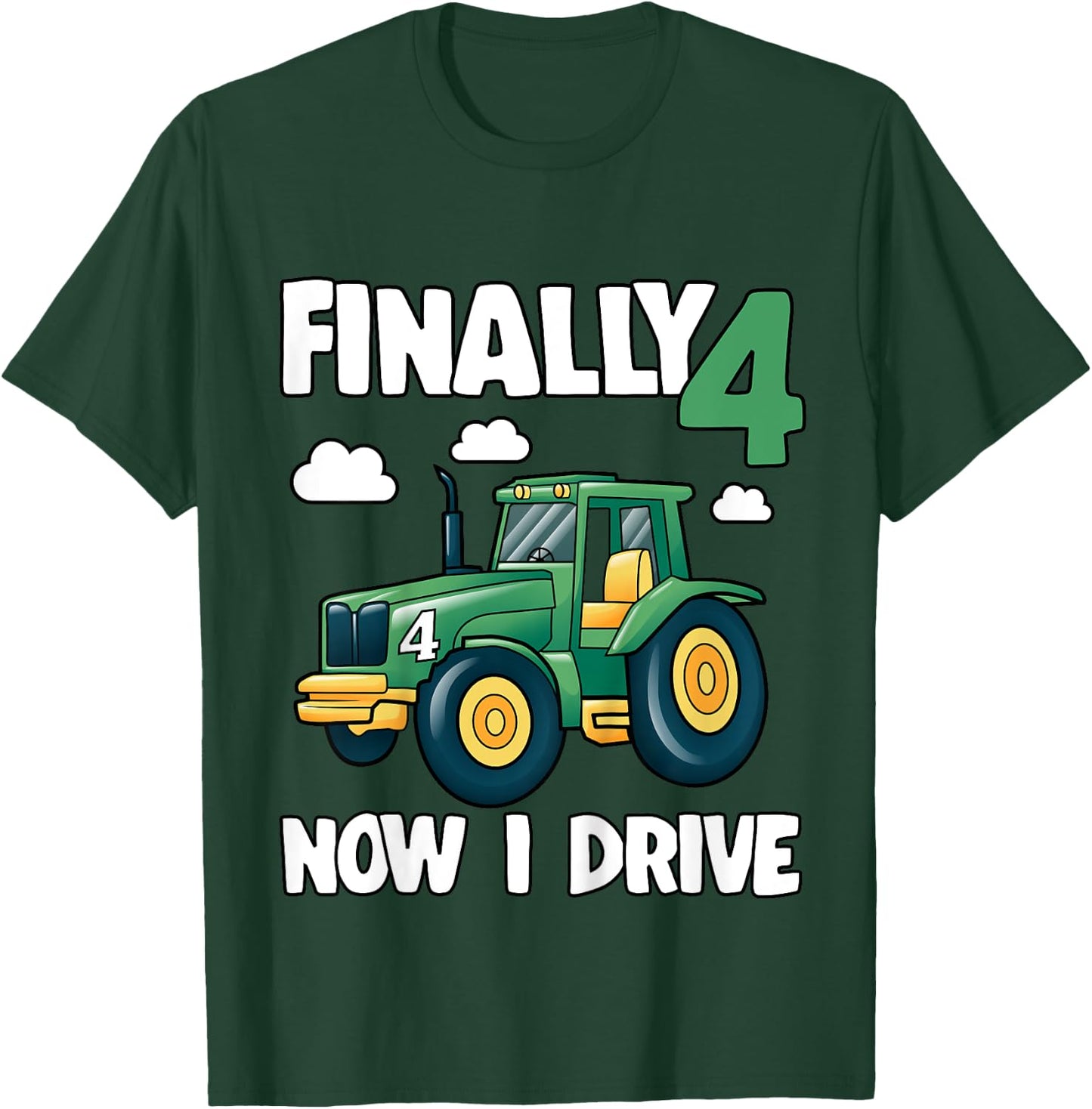 Kids Finally 4 Now I Drive 4th Birthday Party Boy Tractor Kids T-Shirt - T-Shirt | Forest