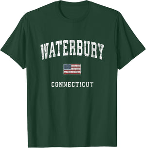 Waterbury Connecticut CT Vintage American Flag Sports Design T-Shirt - T-Shirt | Forest