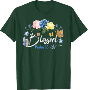 Christian Bible Verse Butterfly Rose Flower Blessed Psalm 23 T-Shirt - T-Shirt | Forest