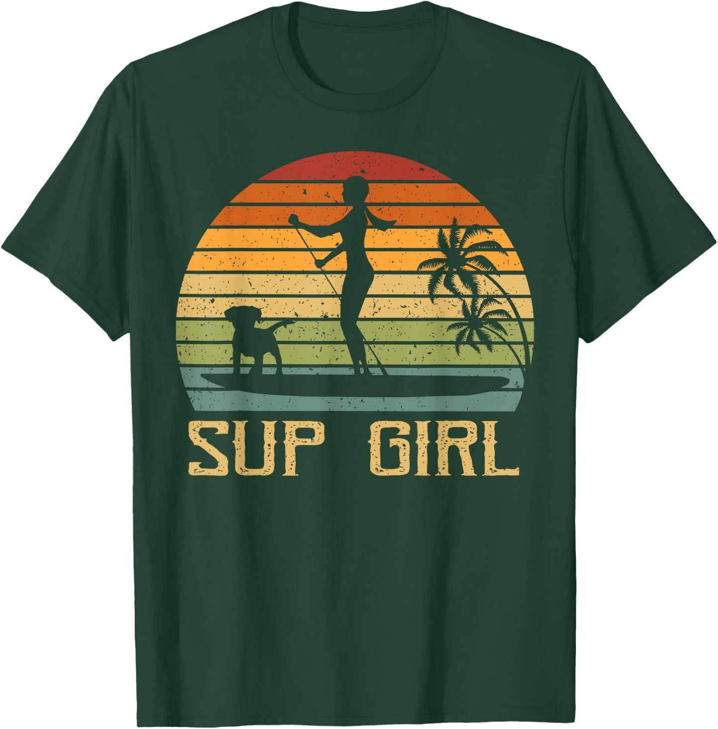 Retro Sup Girl Dog Paddling Paddle Board SUP Water Sports T-Shirt - T-Shirt | Forest