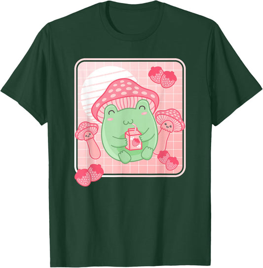 Kawaii Frog Pink Strawberry Milk Mushroom Women Girls T-Shirt - T-Shirt | Forest