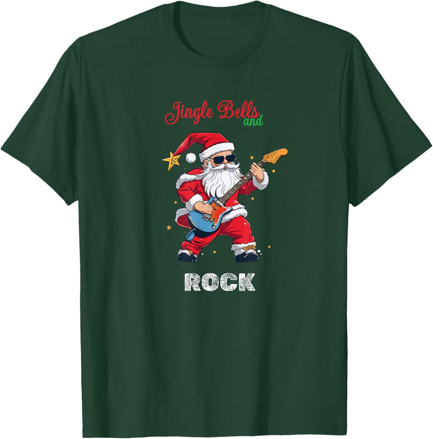 Jingle Bell and Rock Christmas Santa Rolling Playing Guitar T-Shirt - T-Shirt | Forest