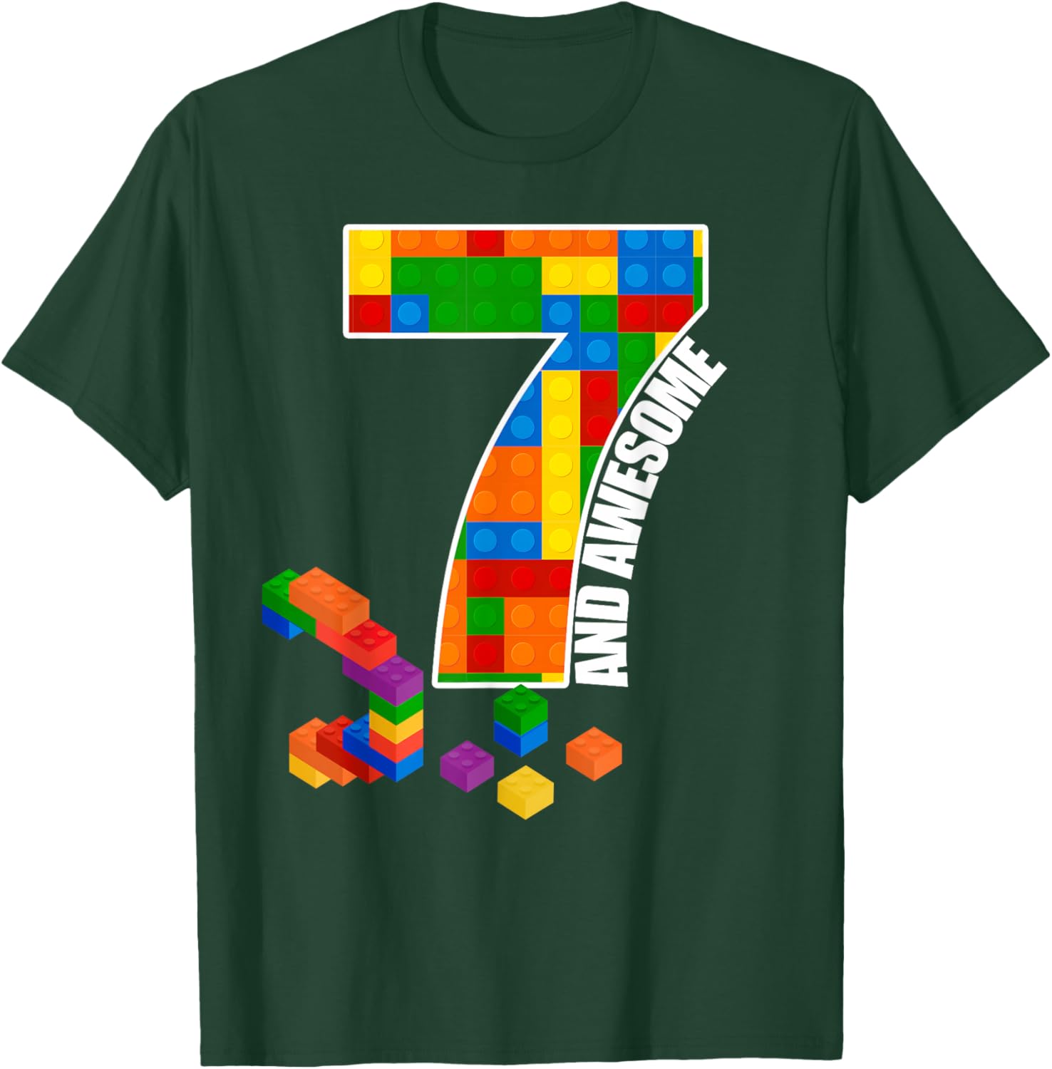 Building Blocks Bricks 7 Years Old Awesome Birthday Boy T-Shirt - T-Shirt | Forest