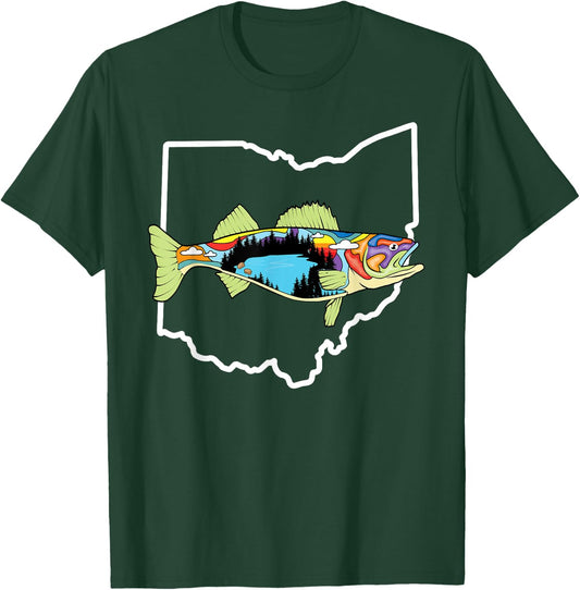 Ohio Map Walleye Fishing Freshwater Fisherman Walleye Fish T-Shirt - T-Shirt | Forest