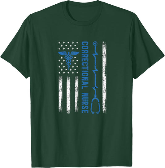 Correctional Nurse American Flag Nursing Healthcare Nurses T-Shirt - T-Shirt | Forest