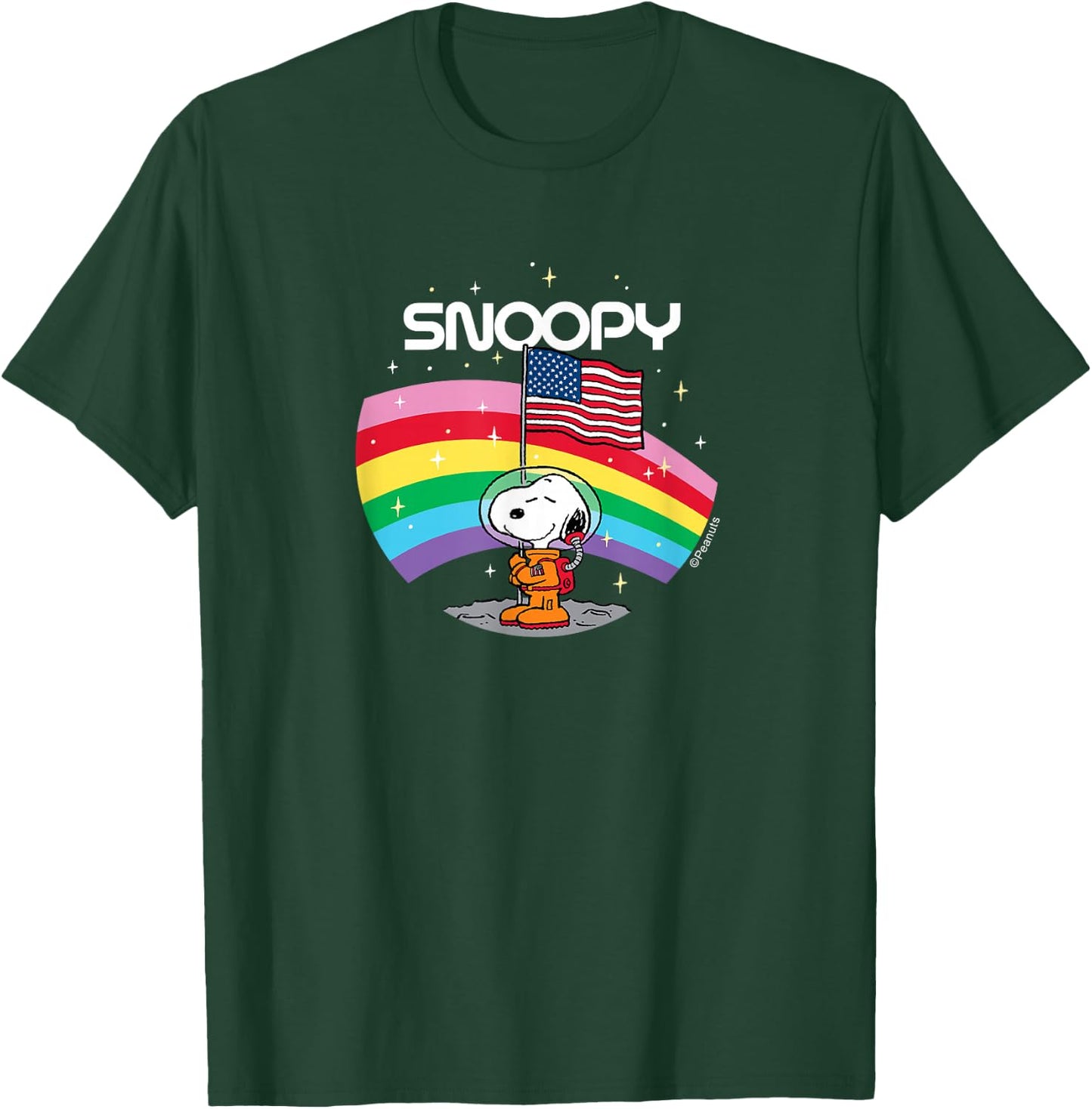 Peanuts - Snoopy Rainbow Space Beagle Badge with USA Flag T-Shirt - T-Shirt | Forest