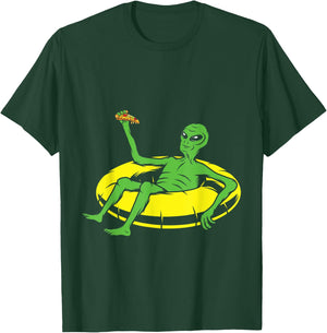 Funny Alien Eating Pizza In Swimming Pool T-Shirt - T-Shirt | Forest