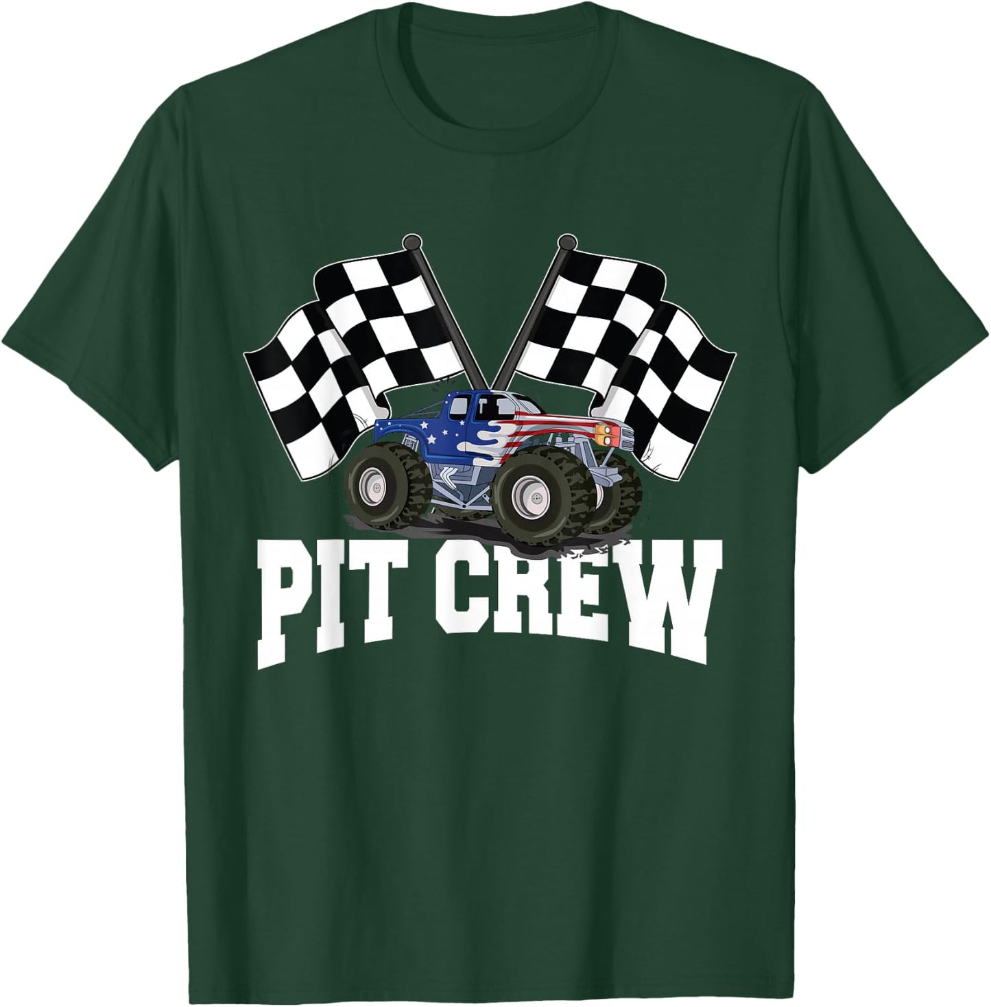 Pit Crew USA Monster Truck Racing Party And Checked Flag T-Shirt - T-Shirt | Forest