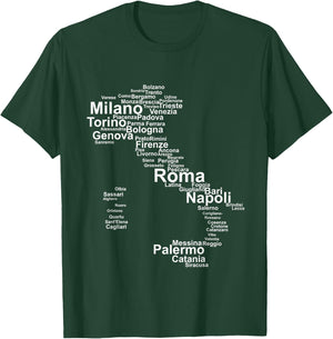 Italy Map Silhouette Towns Cities Rome Milan Travel Europe T-Shirt - T-Shirt | Forest