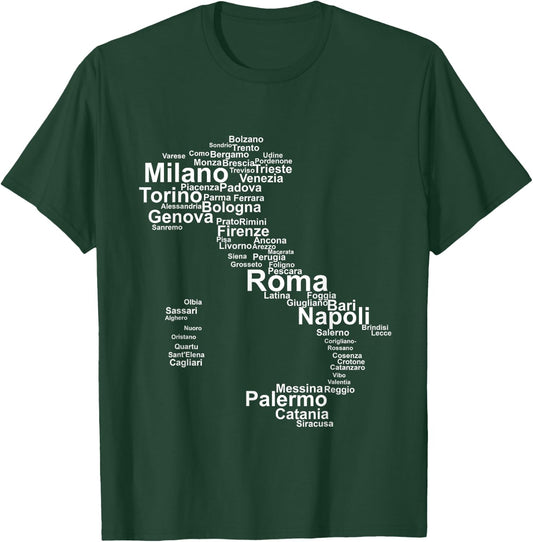 Italy Map Silhouette Towns Cities Rome Milan Travel Europe T-Shirt - T-Shirt | Forest