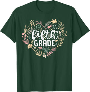 5th Fifth Grade Floral Heart Back To School Teacher Girls T-Shirt - T-Shirt | Forest