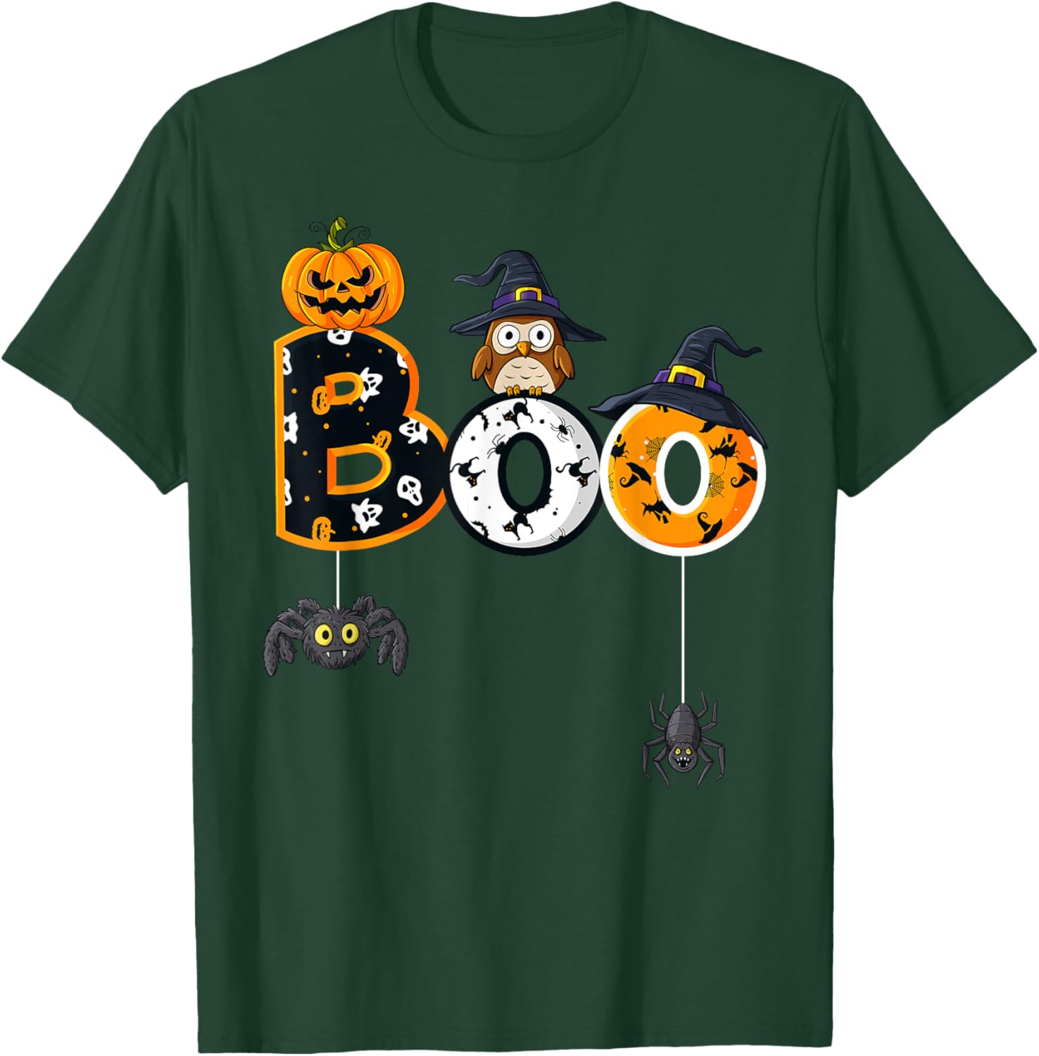 Halloween Boo Owl With Witch Hat Spiders Boys Girls Kids T-Shirt - T-Shirt | Forest