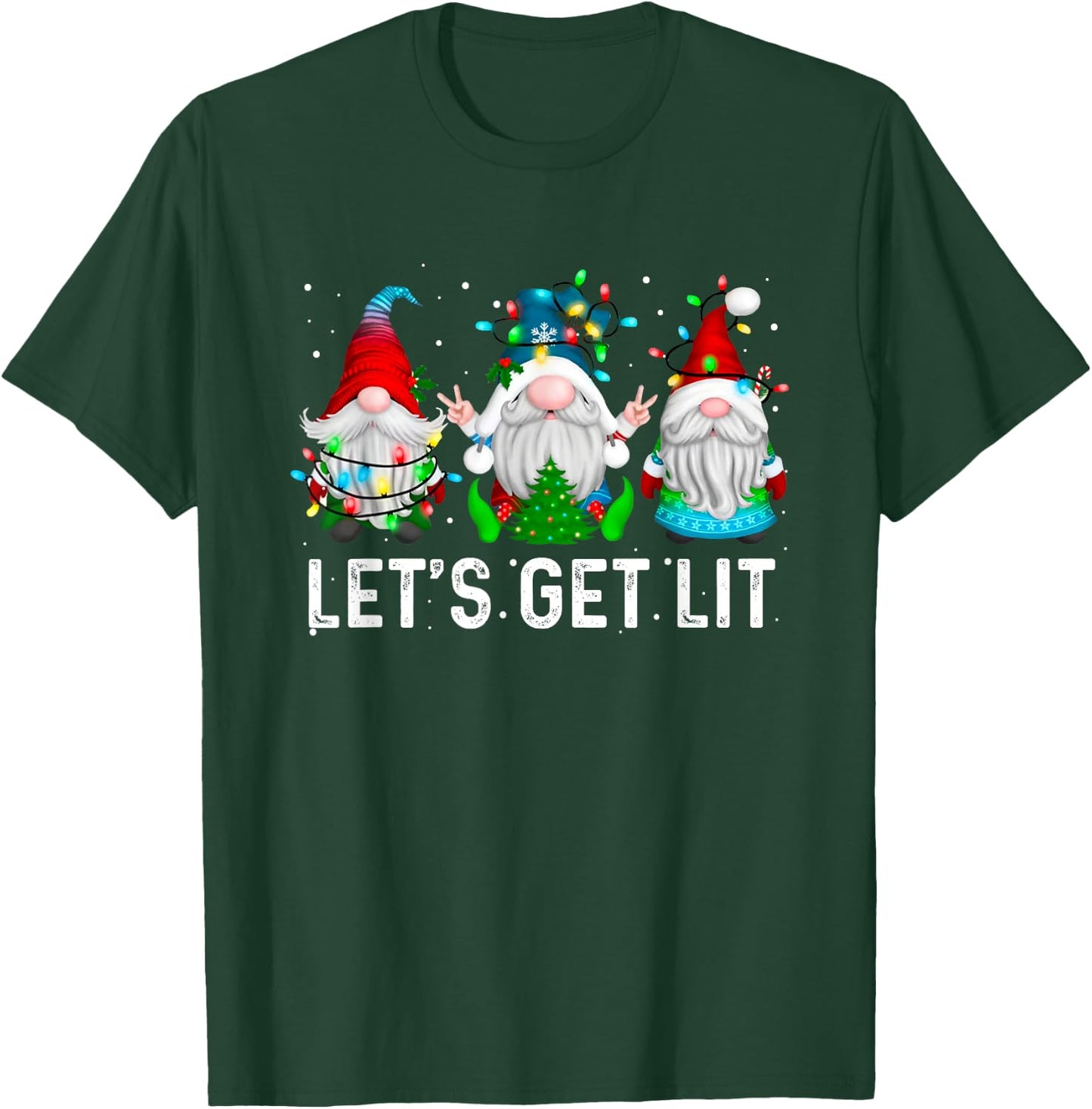 Let's Get Lit Funny Gnome Christmas Drinking Xmas Lights T-Shirt - T-Shirt | Forest