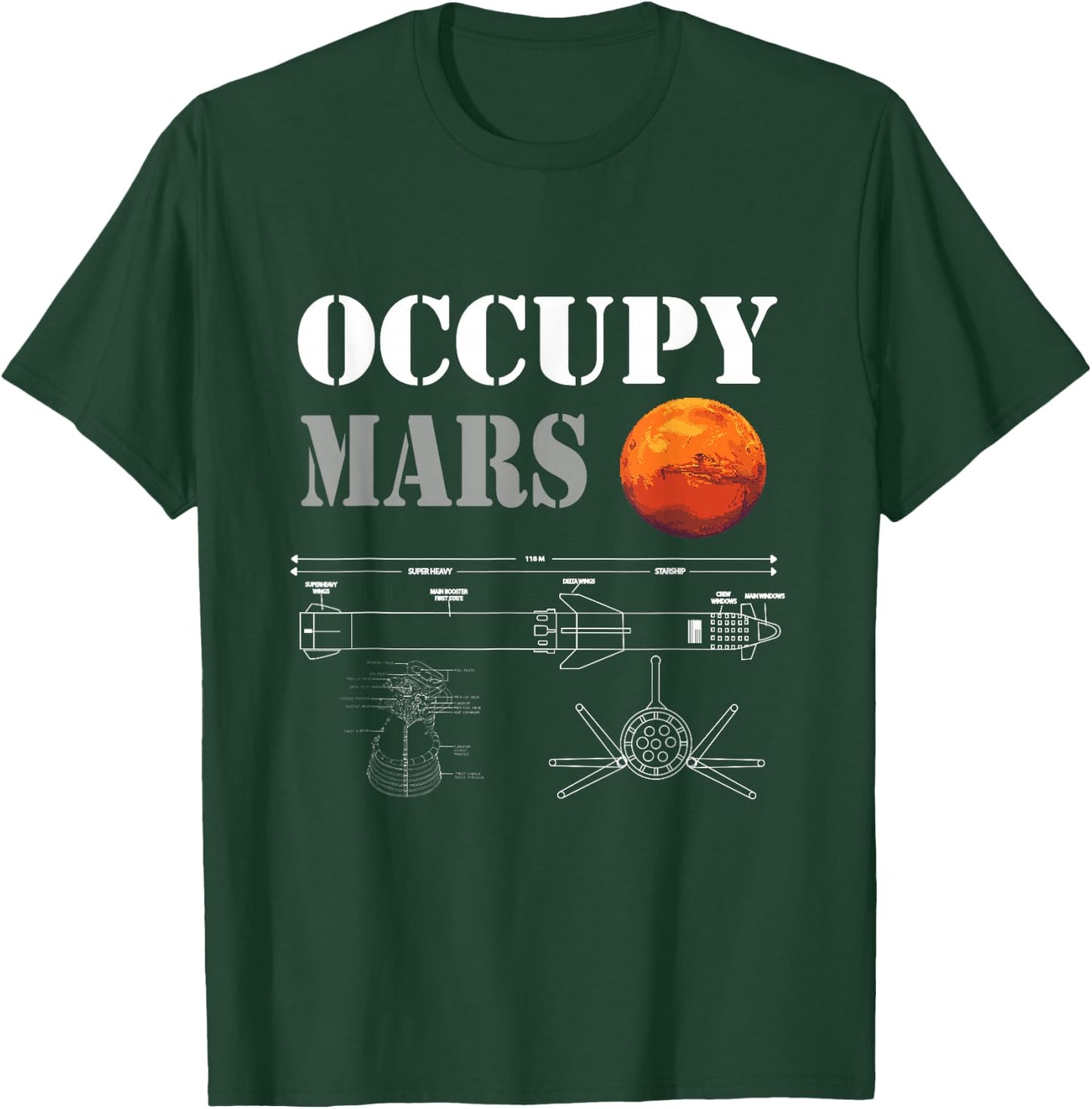 Occupy Mars Space Rocket Blueprint T-Shirt - T-Shirt | Forest