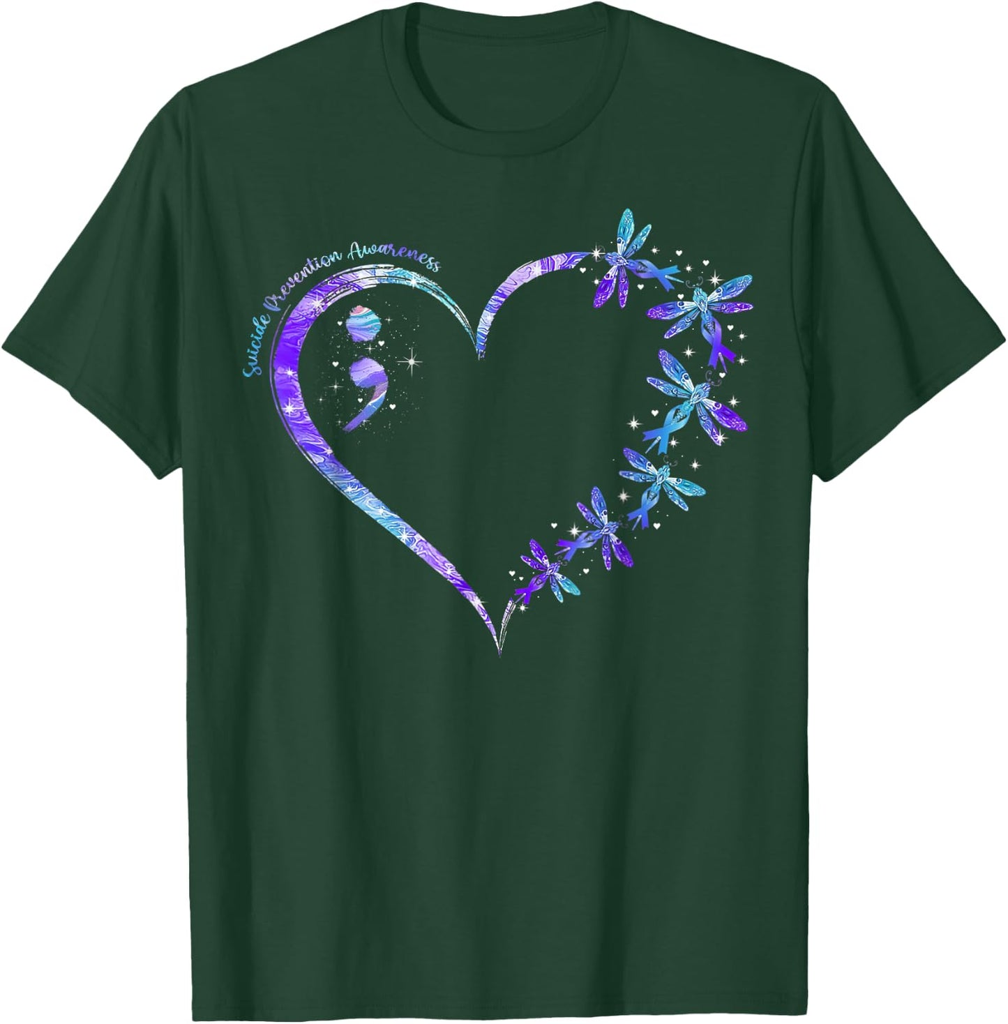 Suicide Prevention Awareness Week Heart Semicolon Dragonfly T-Shirt - T-Shirt | Forest