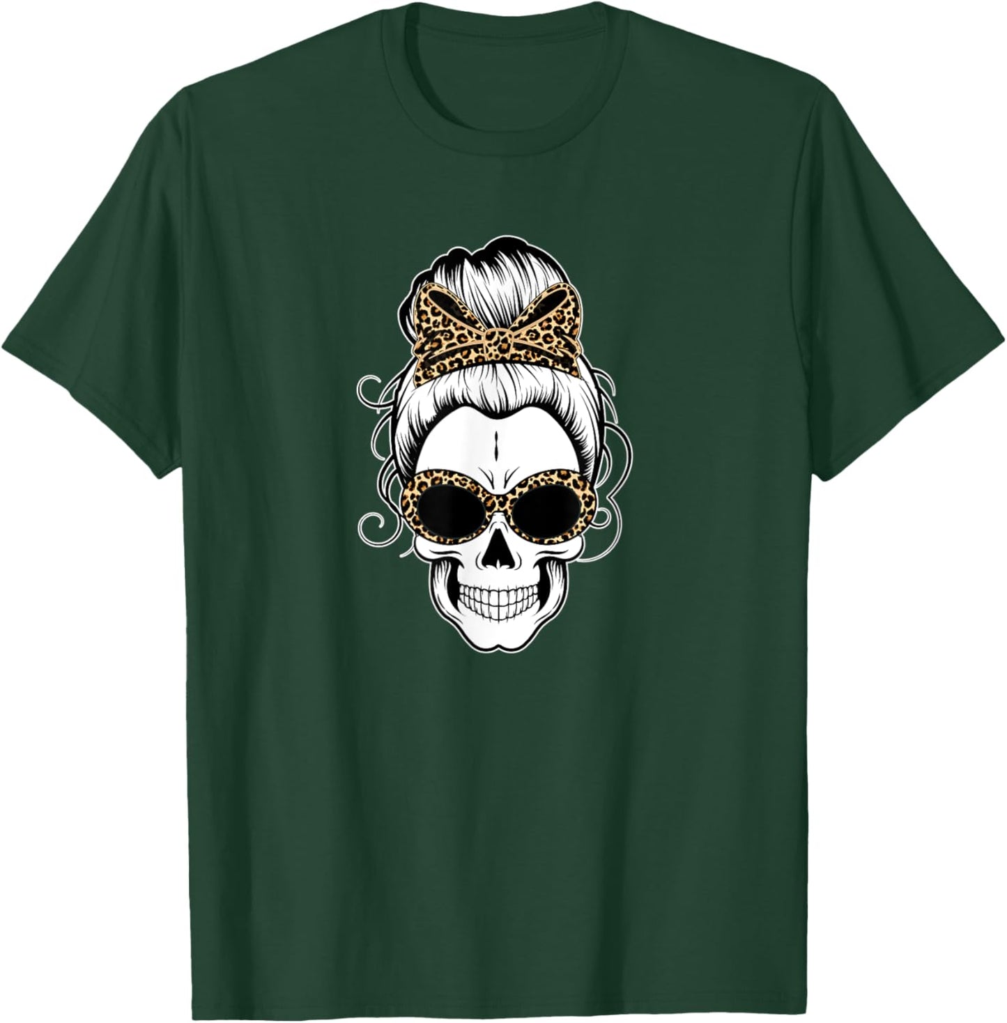 Messy Bun Skull Shirts Leopard Print Bow Halloween T-Shirt - T-Shirt | Forest