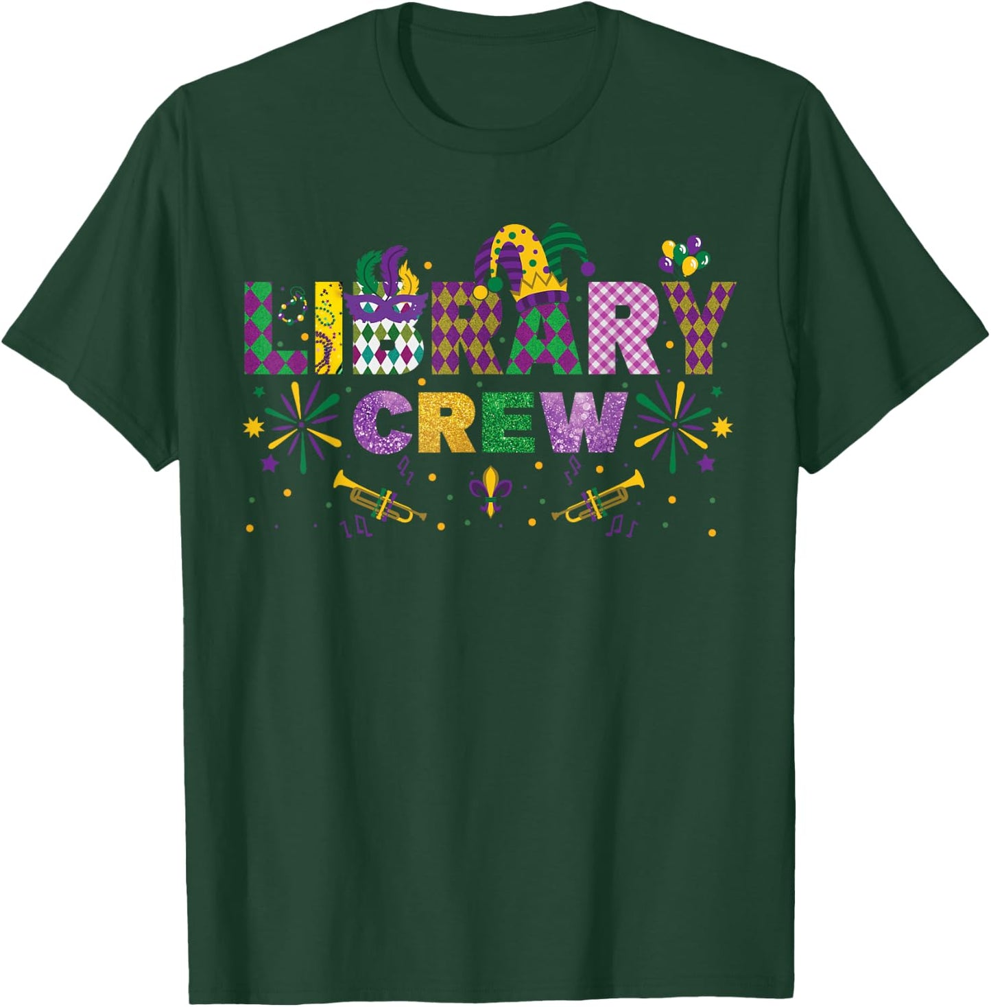 Funny Library Crew Mardi Gras Librarian Matching Party Girls T-Shirt - T-Shirt | Forest