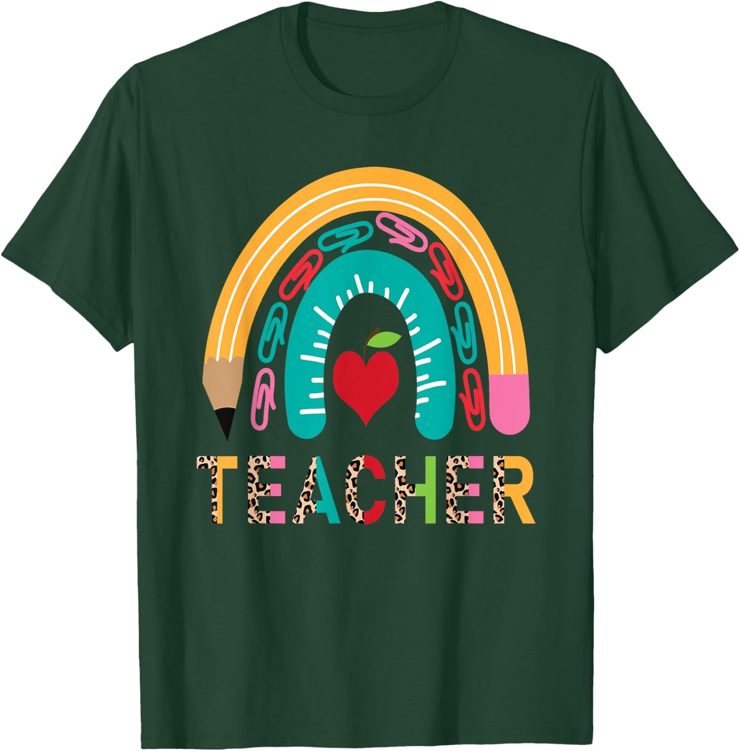 Pencil Rainbow Leopard Teacher Back To School T-Shirt - T-Shirt | Forest