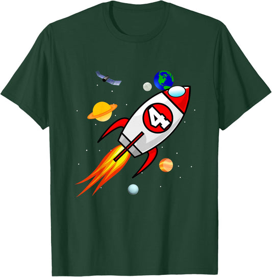 4 Year Old Spaceship Rocket Birthday Astronaut Girl Boy Gift T-Shirt - T-Shirt | Forest