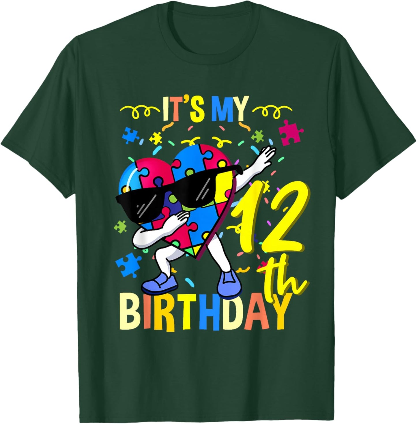 Its My 12th Birthday Dabbing Autism Puzzle T-Shirt - T-Shirt | Forest