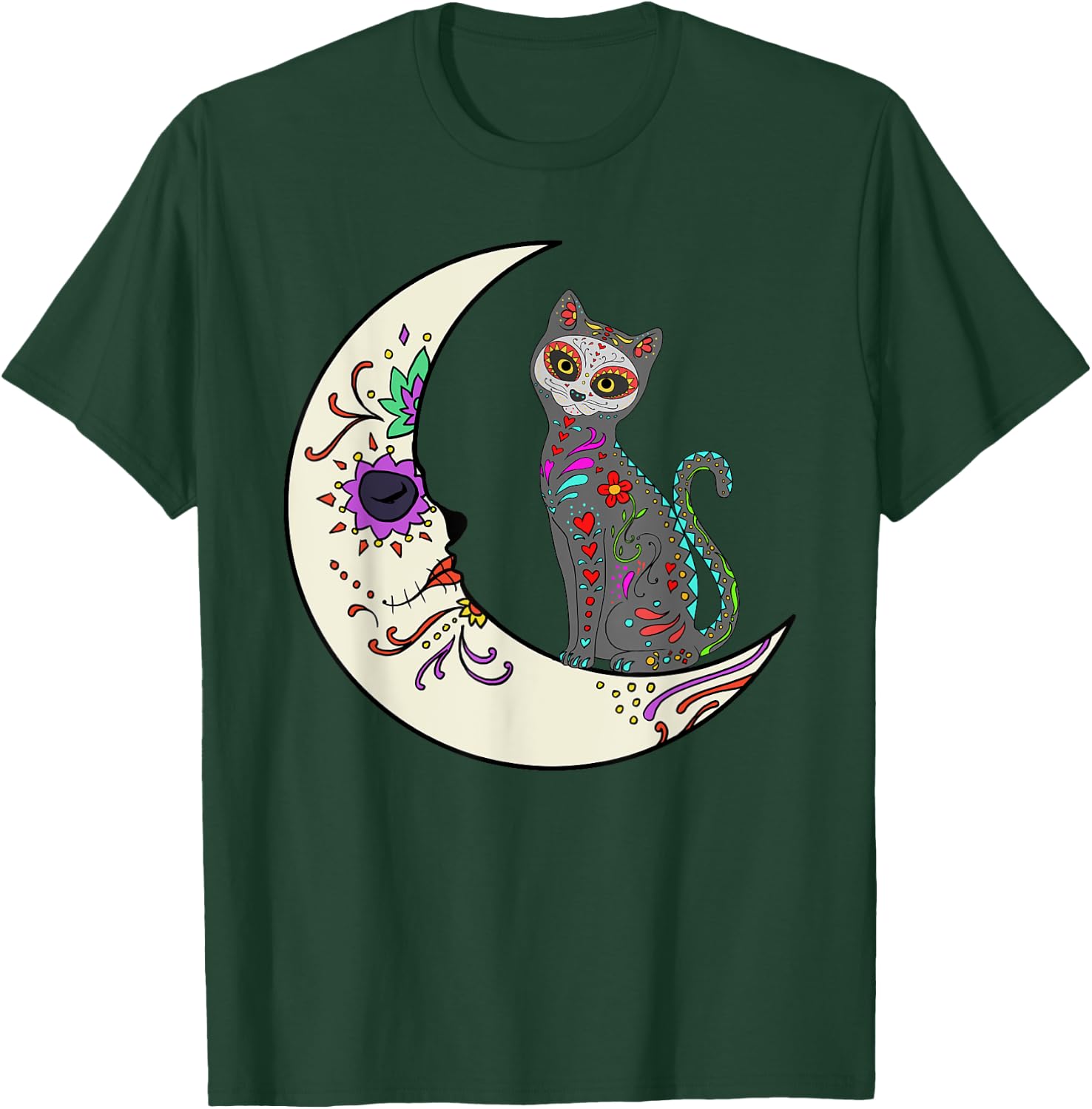 Day Of Dead Cat On The Moon Love Mexican Cat Sugar Skull Women Kids T-Shirt - T-Shirt | Forest