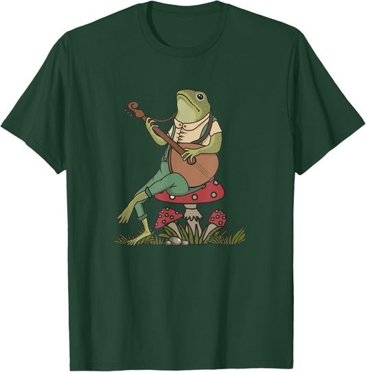 Cottagecore Aesthetic Frog Playing Banjo on Mushroom T-Shirt - T-Shirt | Forest