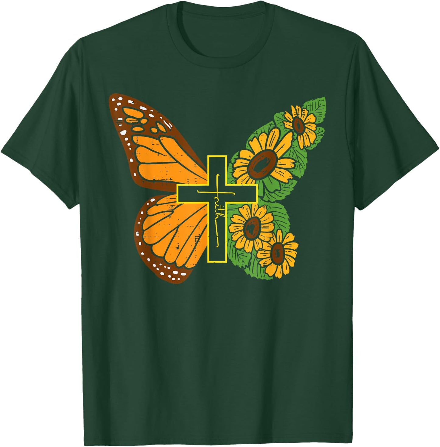 Butterfly Sunflower Cross Faith God Jesus Christian Women T-Shirt - T-Shirt | Forest
