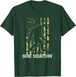 Gone Squatchin' Funny Bigfoot American Flag Camo Sasquatch Kids Men T-Shirt - T-Shirt | Forest