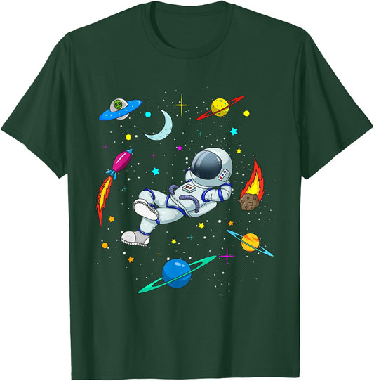Cute Astronaut in Outer Space with Rockets and Aliens - Boys T-Shirt - T-Shirt | Forest