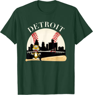 Detroit Baseball Tiger Mascot and Skyline Design T-Shirt - T-Shirt | Forest