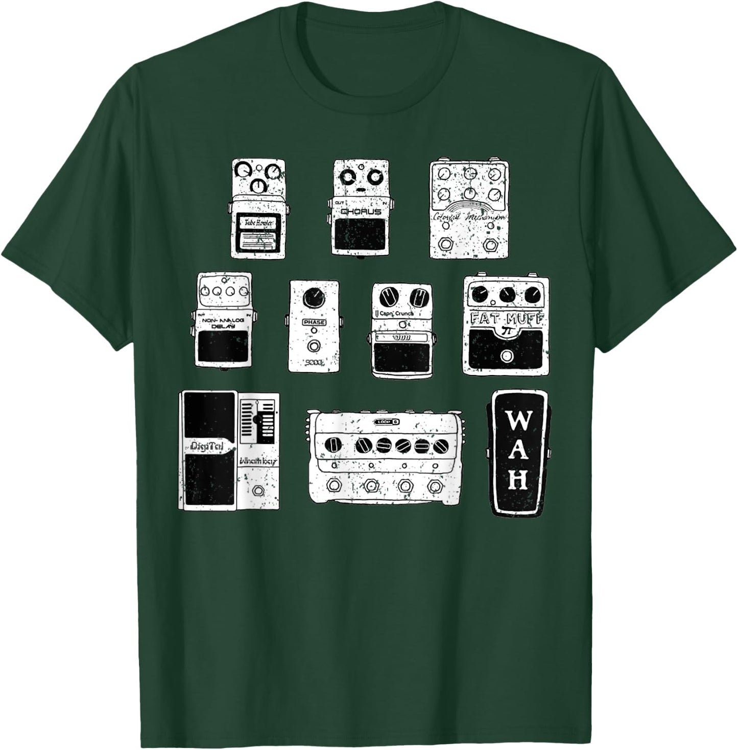 Vintage Guitar Pedals Black & White Music Gear Graphic T-Shirt - T-Shirt | Forest