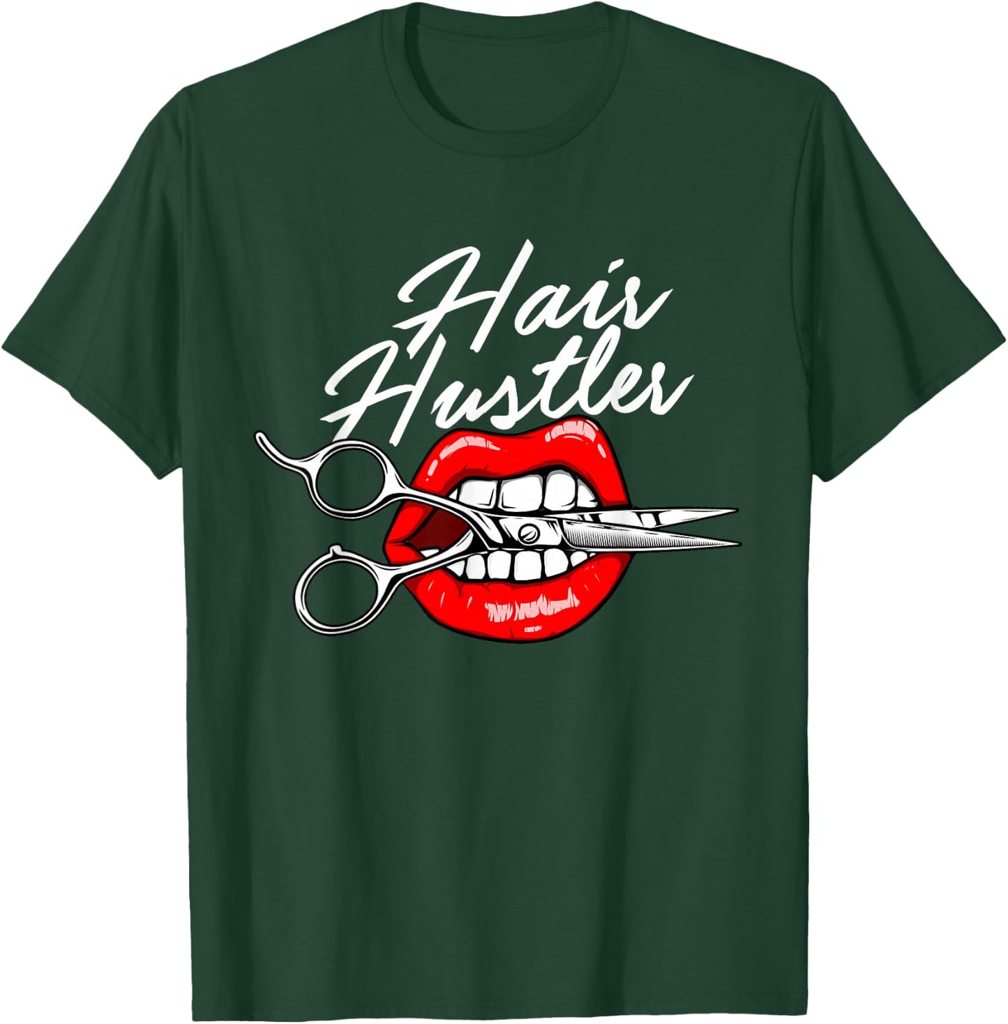 Hair Hustler - Red Lips Hairdresser Scissors Hair Salon T-Shirt - T-Shirt | Forest